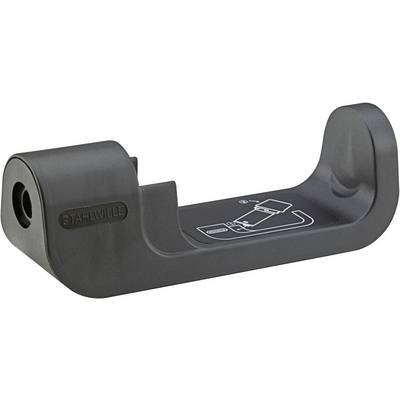Schwarze STAHLWILLE Metallwerkzeughalterung mit einer zylindrischen Buchse und einer geschwungenen Wiege, dargestellt auf weißem Hintergrund mit einer Anleitungszeichnung oben.