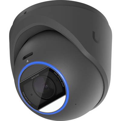 Dome-Sicherheitskamera mit sichtbarem Objektiv und blauem leuchtenden Ring auf einem dunkelgrauen Gehäuse.