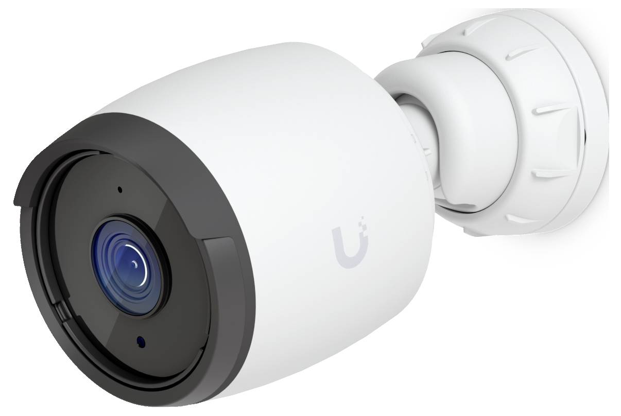 Weiße Ubiquiti-Überwachungskamera, an einer Wand montiert, in einer Nahaufnahme vor weißem Hintergrund dargestellt.