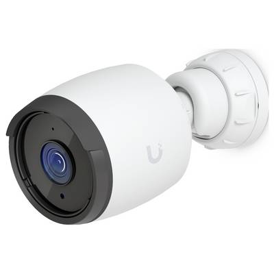 Weiße Ubiquiti-Überwachungskamera, an einer Wand montiert, in einer Nahaufnahme vor weißem Hintergrund dargestellt.