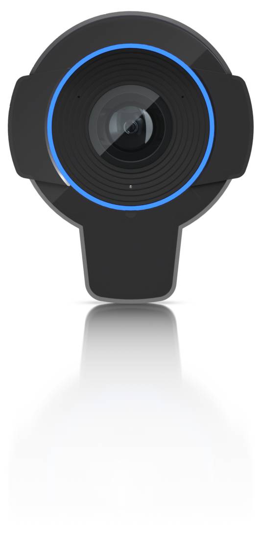 Schwarzes Webcam- oder Kamerasymbol mit einem blauen Ring um das Objektiv, zentriert auf weißem Hintergrund.