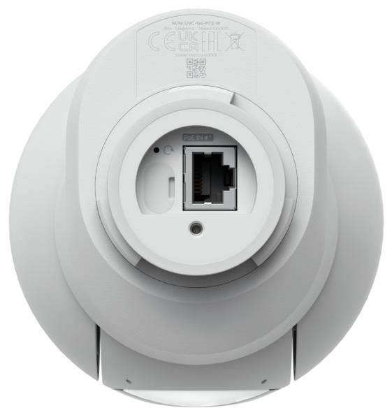 Rückansicht einer weißen Kuppel-Sicherheitskamera mit Ethernet-Anschluss und Montagefuß.