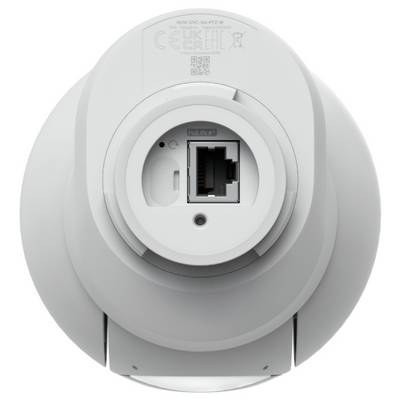 Rückansicht einer weißen Kuppel-Sicherheitskamera mit Ethernet-Anschluss und Montagefuß.