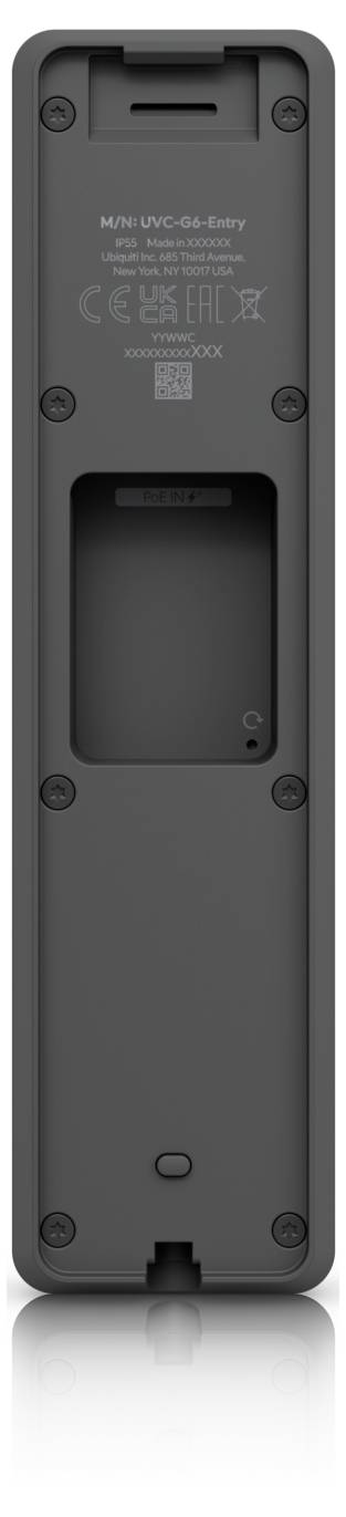 Rückseite einer schwarzen Fernbedienung oder eines Geräts mit einem vertieften Batteriefach, beschriftet mit "MUT-UV-CI-Entry" und behördlichen Kennzeichnungen.