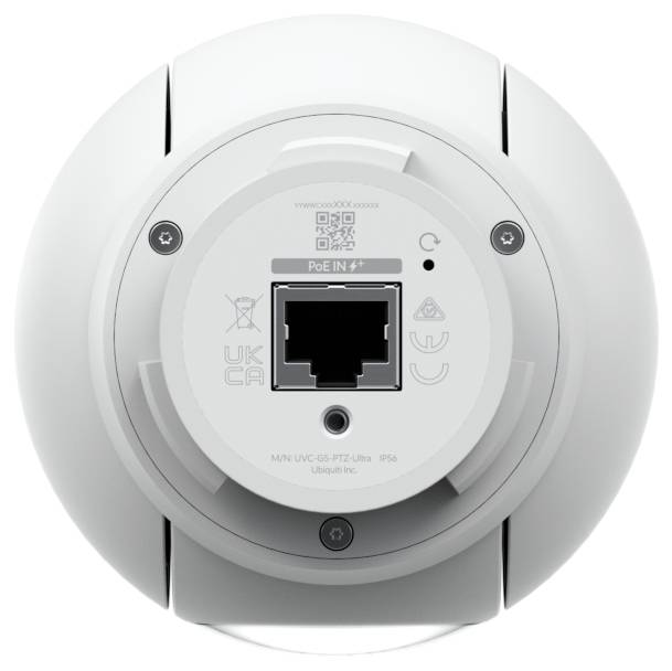 Rückansicht einer weißen Netzwerkkamera oder eines Zugangspunkts mit Ethernet-Port „PoE IN", QR-Code und Montagebasis.