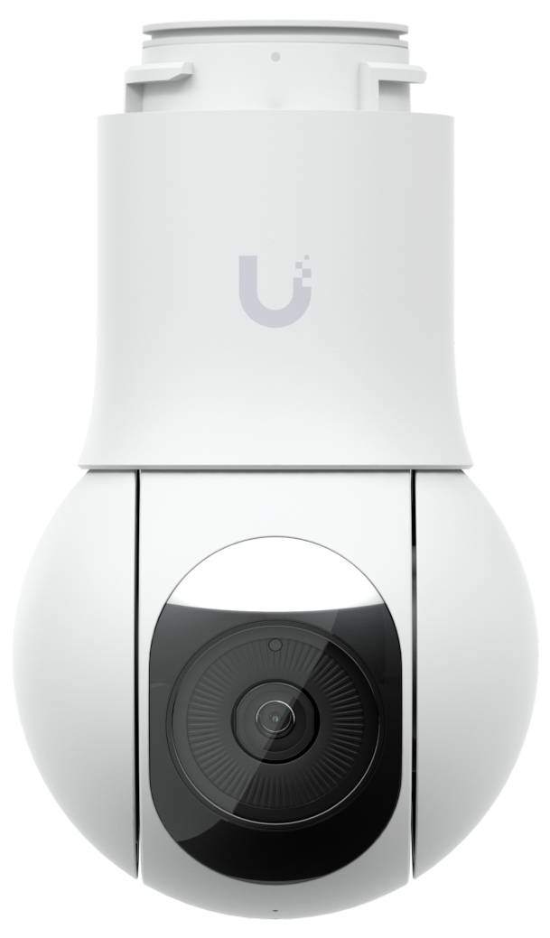 Weiße Ubiquiti-Sicherheitskamera mit rotierendem Dome und zentralem Objektiv, Vorderansicht auf einfachem Hintergrund.