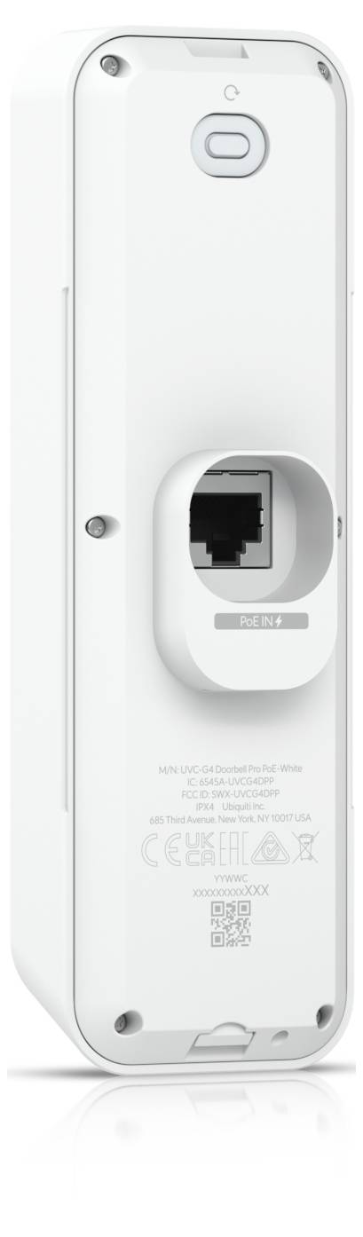 Rückseite eines weißen kabellosen Routers oder Modems mit einem einzelnen Ethernet-Anschluss, einem Stromknopf, Befestigungsschrauben und kleinen Statusbezeichnungen.