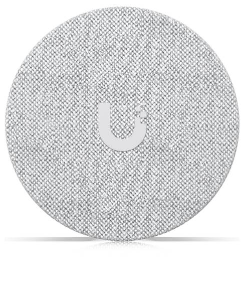 Grauer runder Stoff-Smartspeaker mit zentriertem weißem Logo auf weißem Hintergrund.