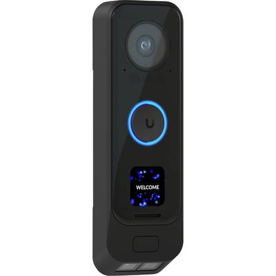 Vertikale schwarze intelligente Türklingel mit Kameraobjektiv, blau beleuchteter Ringschaltfläche und kleinem Bildschirm mit der Anzeige „WILLKOMMEN".