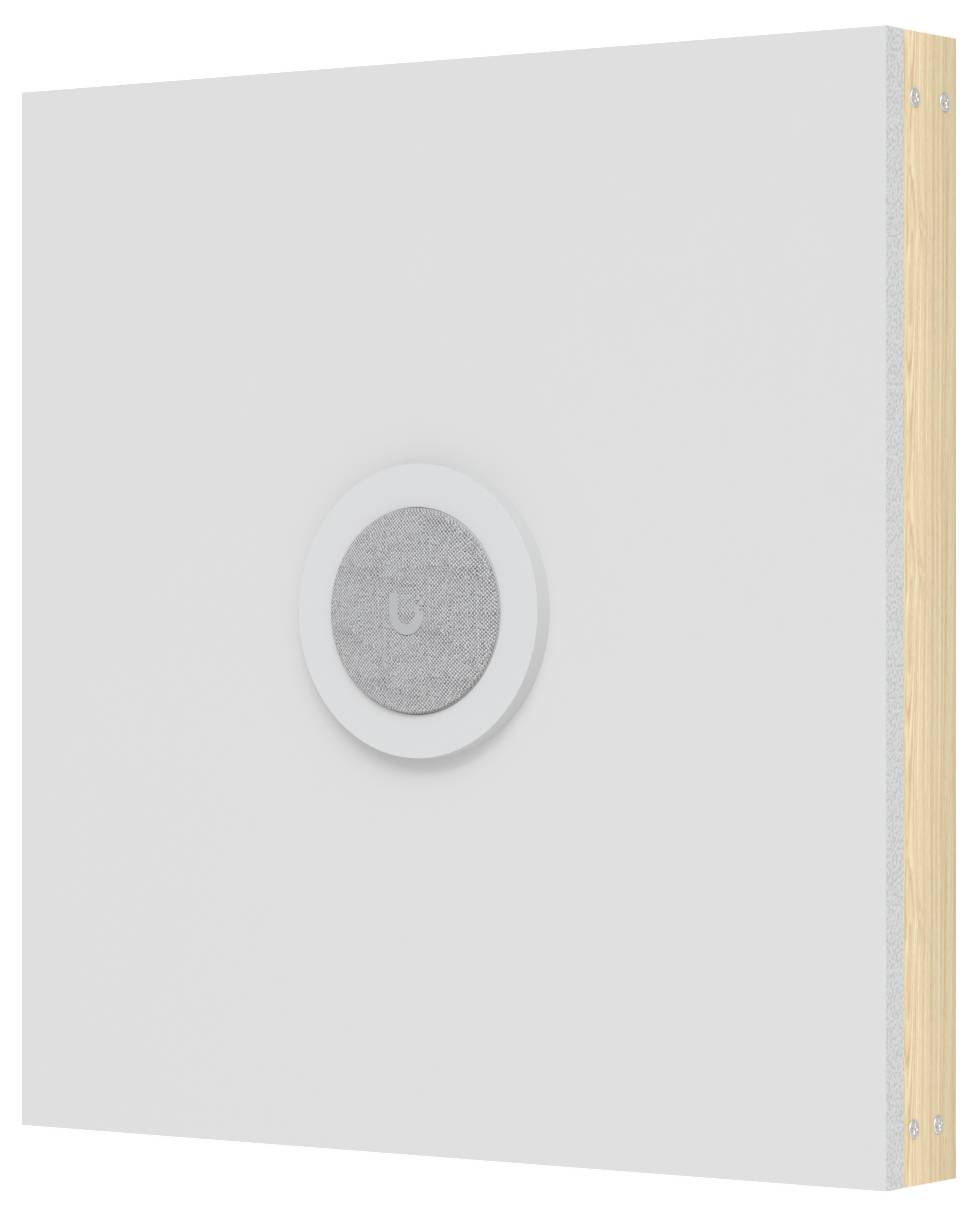 Ein schlichtes weißes Bedienfeld mit einer zentrierten runden grauen Schaltfläche oder einem Sensor, dargestellt in einer sauberen Produktstil-Ansicht.