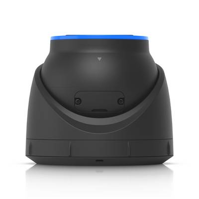 Schwarzes zylindrisches Gerät mit einem blauen oberen Ring und einer vorderen Befestigungspaneel, gezeigt vor weißem Hintergrund.