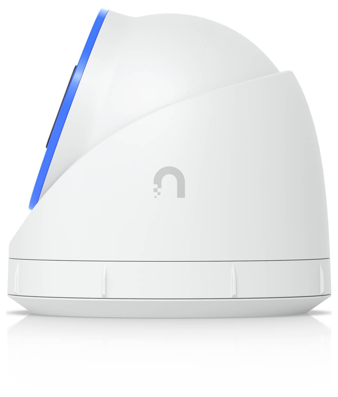 Intelligente weiße Smart-Home-Hub mit blauem Lichtstreifen und kleinem Logo, dargestellt in der Seitenansicht auf einfachem weißem Hintergrund.