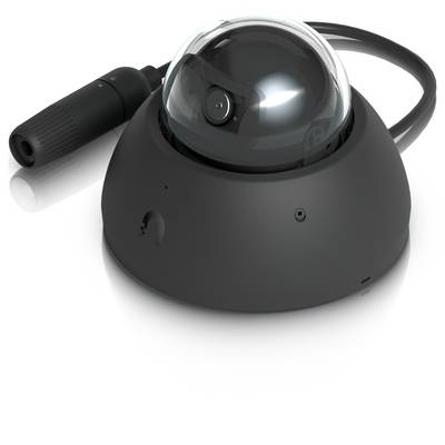 Schwarze Kuppel-Sicherheitskamera mit transparanter Schutzblase, angebrachtem Kabel und separater zylindrischer Seiteneinheit auf weißem Hintergrund