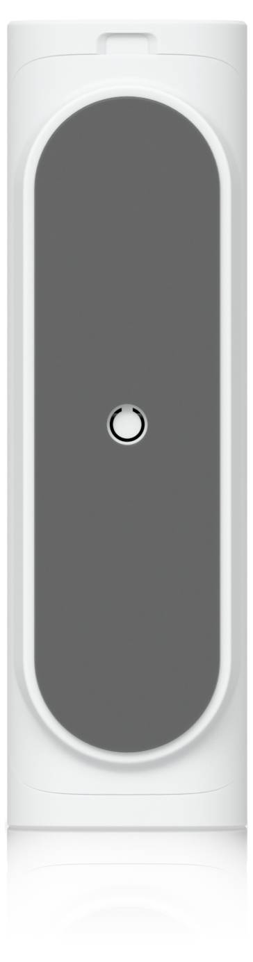 Weißes, wandmontiertes Gerät mit einem hohen grauen Frontpanel und einem kleinen kreisförmigen Knopf oder Sensor in der Mitte.