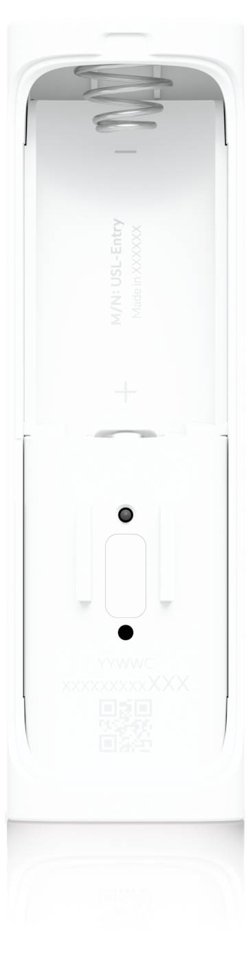 Weiß montiertes Wandgerät von vorne betrachtet, mit zentralem Knopf/Sensor und subtilen Anzeigelichtern, ähnlich einem kompakten Luft- oder Wasserspender.