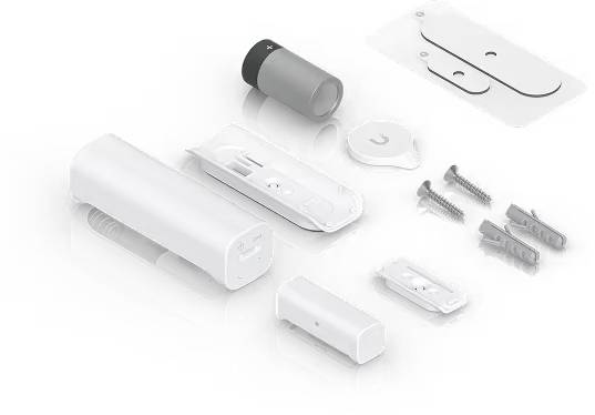 Explosionsdarstellung eines weißen wandmontierten Geräts mit separater Abdeckung, Batterie, Taste, Schrauben und Dübeln, die seine Komponenten und den Zusammenbau zeigen.