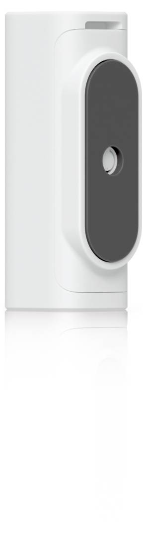Weißes intelligentes Türsensor-Gerät mit dunklem ovalem Frontpanel und kleinem kreisförmigem Knopf, dargestellt vor einem einfachen Hintergrund.