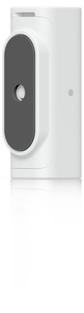 Ein weißes Smart-Gerät mit einem dunklen, ovalen vorderen Sensor oder Knopf, in Nahaufnahme vor einem einfachen Hintergrund gezeigt.