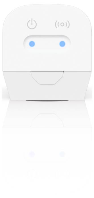 Weißes Smart-Home-Gerät mit Strom- und Wireless-Symbolen über zwei blauen Statusleuchten und einer vorderen Verriegelung.