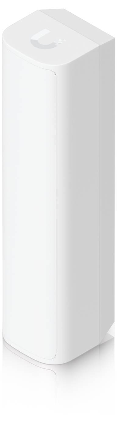 Weißes zylindrisches Smart-Home-Gerät, das aufrecht auf weißem Hintergrund steht, mit einem subtilen Logo oben.