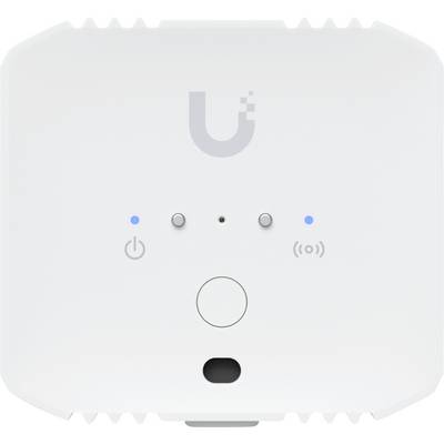 Weißer Ubiquiti WLAN-Zugangspunkt mit blauen Statusleuchten und LED-Indikatoren an der Vorderseite.