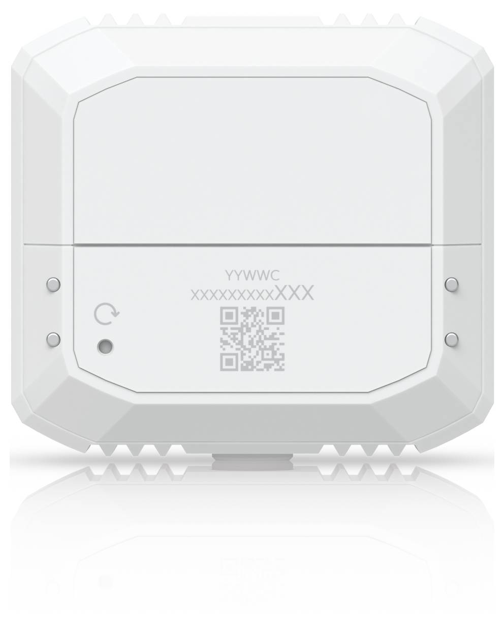 Weißes rechteckiges elektronisches Gerät oder Zugangspunkt mit einem QR-Code auf der Vorderseite und kleinen Anzeigeleuchtdioden auf einfachem Hintergrund.