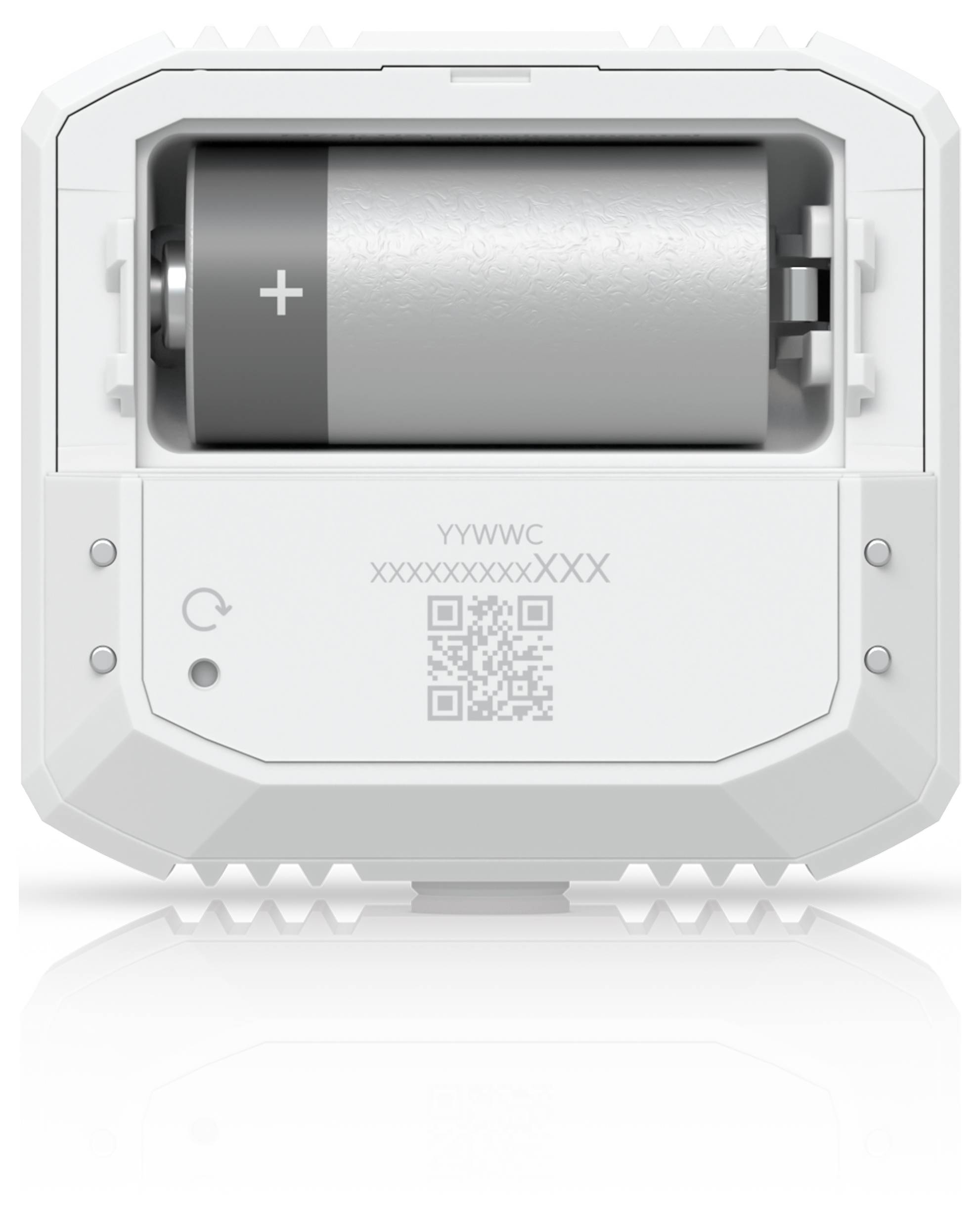 Weißes Batteriefach mit einer einzelnen zylindrischen Batterie in einem Gerätegehäuse, mit Pluspol auf der linken Seite gekennzeichnet.
