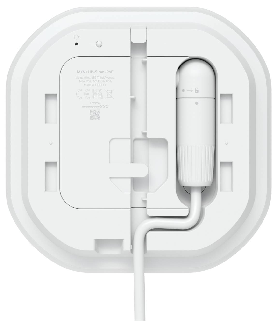 Weiße quadratische Wandhalterung für Netzwerk mit verbundenem Kabel und Clip-On-Gerät, das eine minimalistische montierte Hardware-Einheit zeigt.