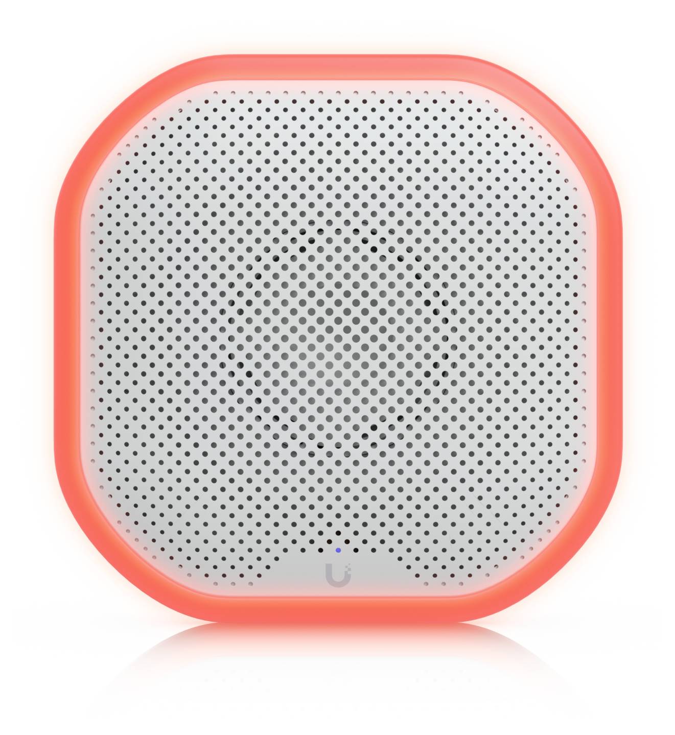 Ein kleiner quadratischer weißer Lautsprecher mit perforierter Frontblende und leuchtendem rot-orangefarbenem Rand, shown auf einem einfachen Hintergrund.