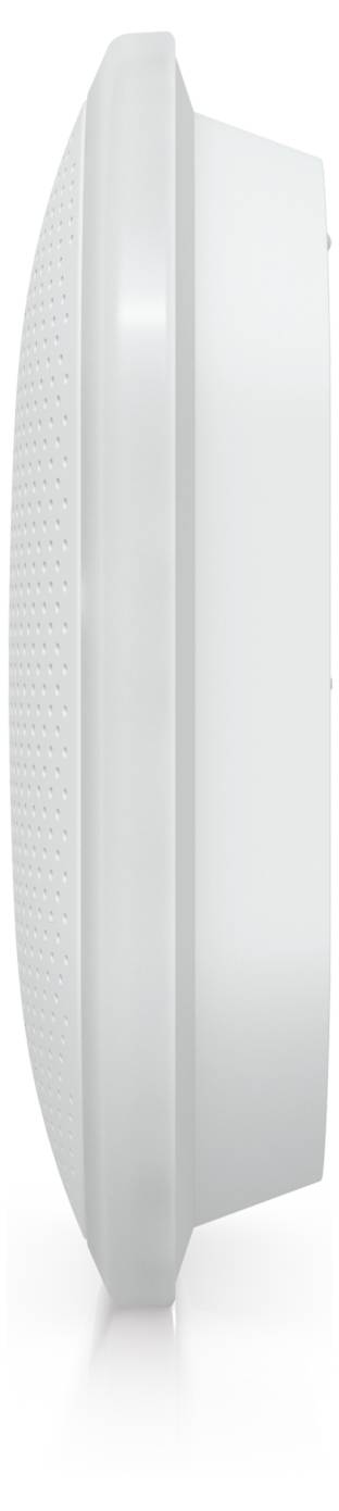 Hohles weißes, an der Wand montiertes Gerät in Seitenansicht, mit einer gekrümmten perforierten Vorderseite und flachem rechteckigem Gehäuse.