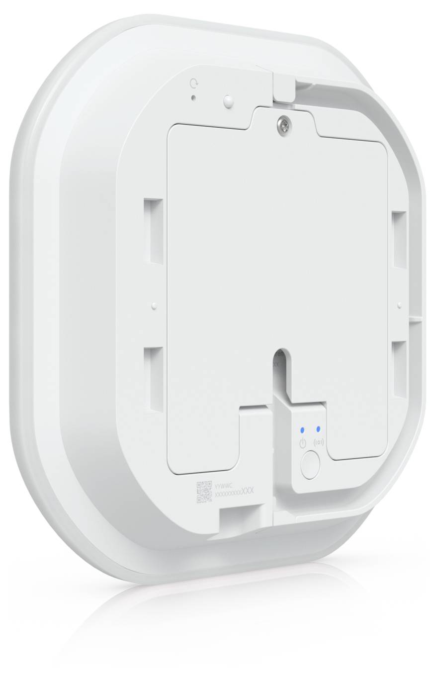 Weiße, wandmontierte Smart-Home-Geräte mit abgerundeten Kanten, zentralem Zugangsfeld und einer kleinen Statusleuchte/Schaltfläche in der Nähe des unteren Bereichs.