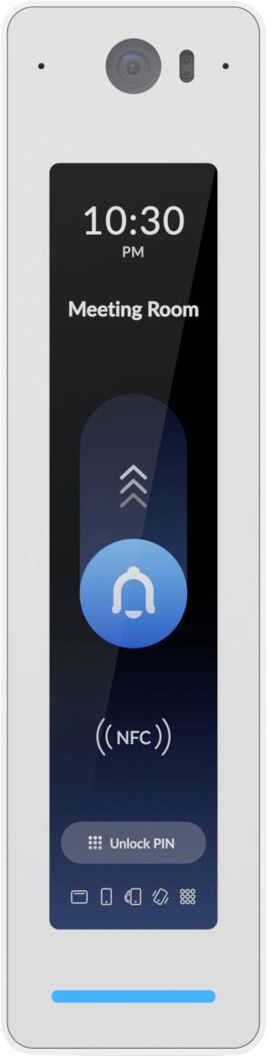 Touchscreen-Raumbelegungspanel zeigt 22:30 Uhr an, „Besprechungsraum", NFC und eine Schaltfläche „PIN entsperren", mit blauem Headset-Symbol und Statusanzeigen.