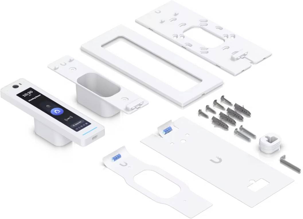 Explodierten Ansicht eines weißen elektronischen Geräte-Sets mit einem smartphoneähnlichen Modul, Gehäuseteilen, Halterungen, Schrauben und Befestigungselementen, die zum Zusammenbau angeordnet sind.