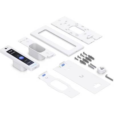 Explodierten Ansicht eines weißen elektronischen Geräte-Sets mit einem smartphoneähnlichen Modul, Gehäuseteilen, Halterungen, Schrauben und Befestigungselementen, die zum Zusammenbau angeordnet sind.