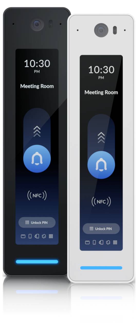 Zwei schwarze und weiße Smartphones nebeneinander, die einen Sperrbildschirm mit 22:30 Uhr, "Besprechungsraum", einem blauen Glockensymbol, NFC und "PIN entsperren" unten anzeigen.