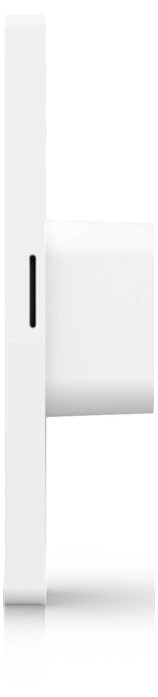 Seitenansicht eines weißen, an der Wand montierten rechteckigen Geräts, wahrscheinlich ein intelligenter Thermostat oder Bedienfeld, mit einem kleinen schwarzen vertikalen Indikator an der linken Kante.