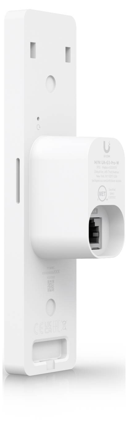 Weißes wandmontiertes Smart-Home-Gerät mit vorstehender Frontmoduleinheit und Statusanzeigen.
