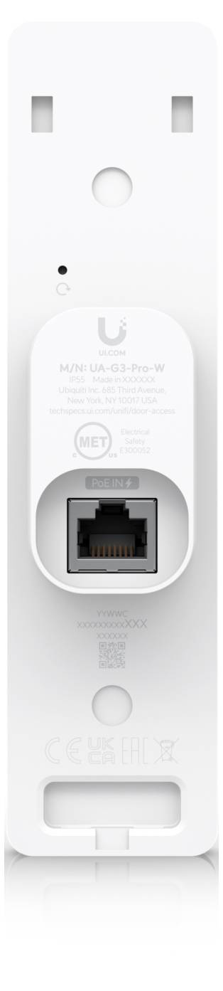 Vorderansicht eines weißen Stecker-WLAN-Extenders oder -Adapters mit einem einzelnen Ethernet-Anschluss und Statusleuchten, mit schwach gedruckter Markenbezeichnung und Modelltext.