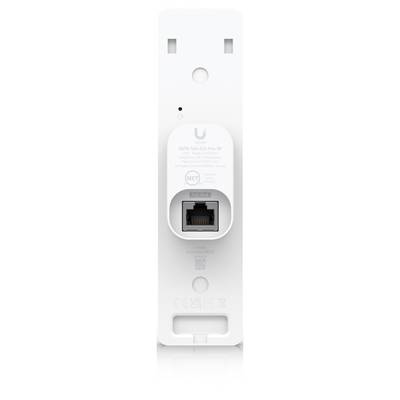 Vorderansicht eines weißen Stecker-WLAN-Extenders oder -Adapters mit einem einzelnen Ethernet-Anschluss und Statusleuchten, mit schwach gedruckter Markenbezeichnung und Modelltext.