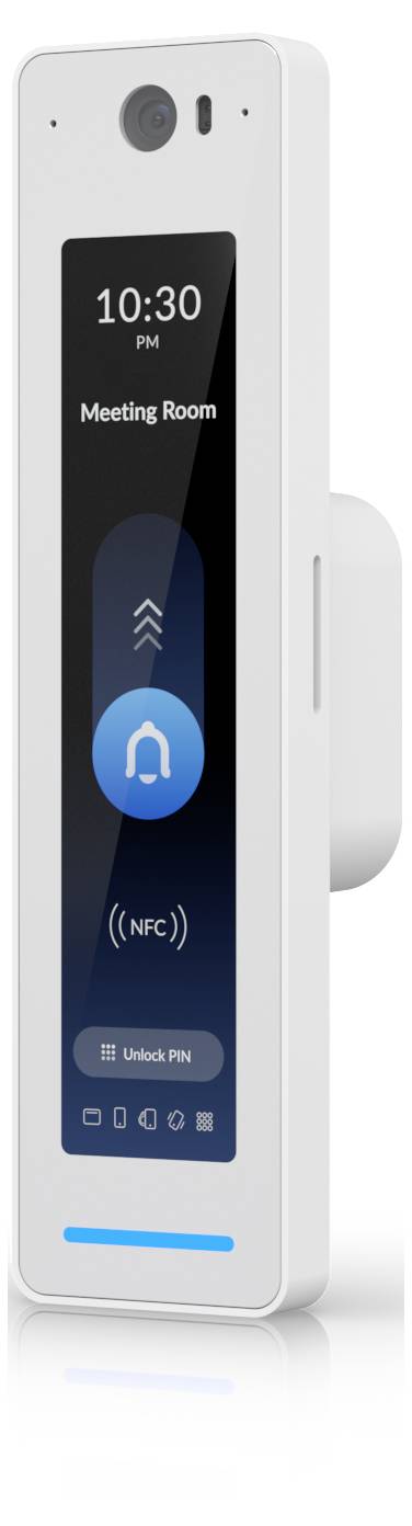 Weiße, an der Wand montierte Raumsteuerungstafel, die 22:30 Uhr, 'Besprechungsraum', NFC-Zugang und eine Entsperr-PIN-Option anzeigt.