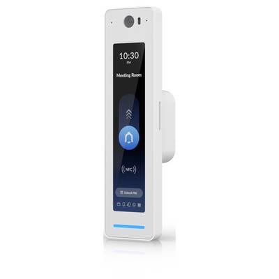 Weiße, an der Wand montierte Raumsteuerungstafel, die 22:30 Uhr, 'Besprechungsraum', NFC-Zugang und eine Entsperr-PIN-Option anzeigt.