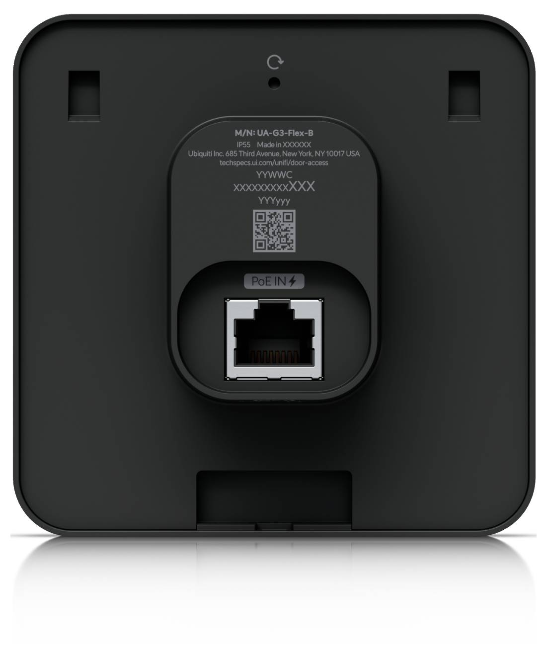Rückansicht eines schwarzen Ubiquiti-Zugangspunkts mit Montageslots, einem QR-Code und einem PoE+-Ethernet-Anschluss.