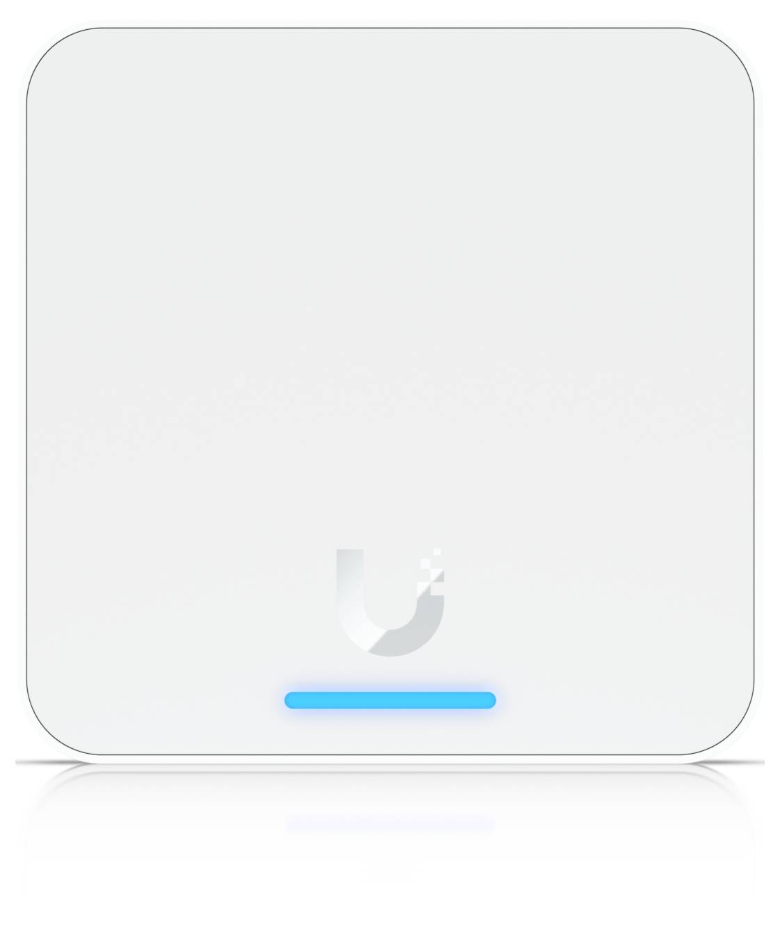 Ein größtenteils leerer weißer App-Ladebildschirm mit einem schwachen „u"-Logo in der Mitte über einer blauen Fortschrittsleiste nahe dem unteren Rand.