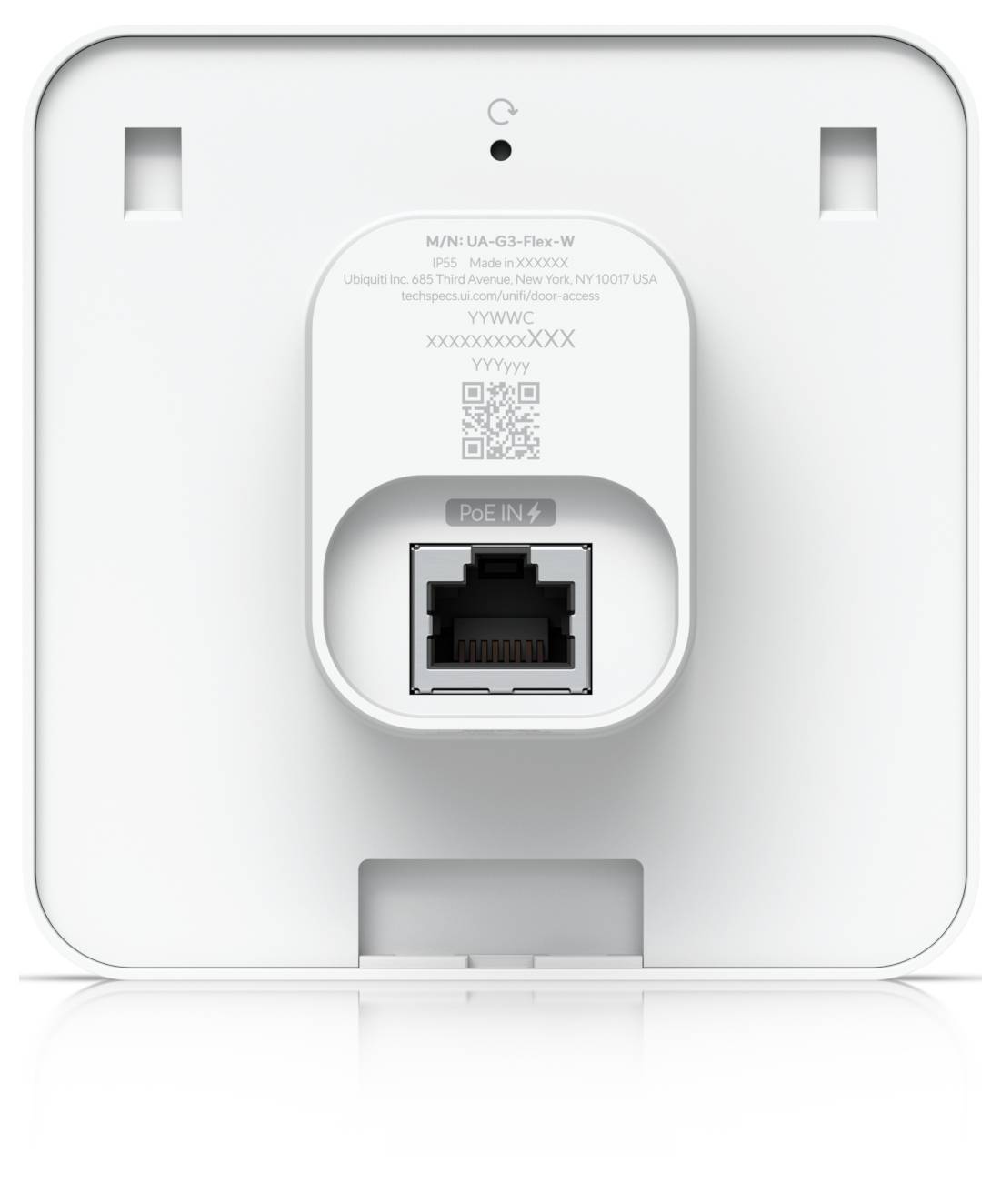 Rückansicht eines quadratischen Netzwerkgeräts mit zentriertem Ethernet-Anschluss mit der Bezeichnung „PoE IN", Status-LED-Loch, QR-Code und Befestigungsausschnitten.
