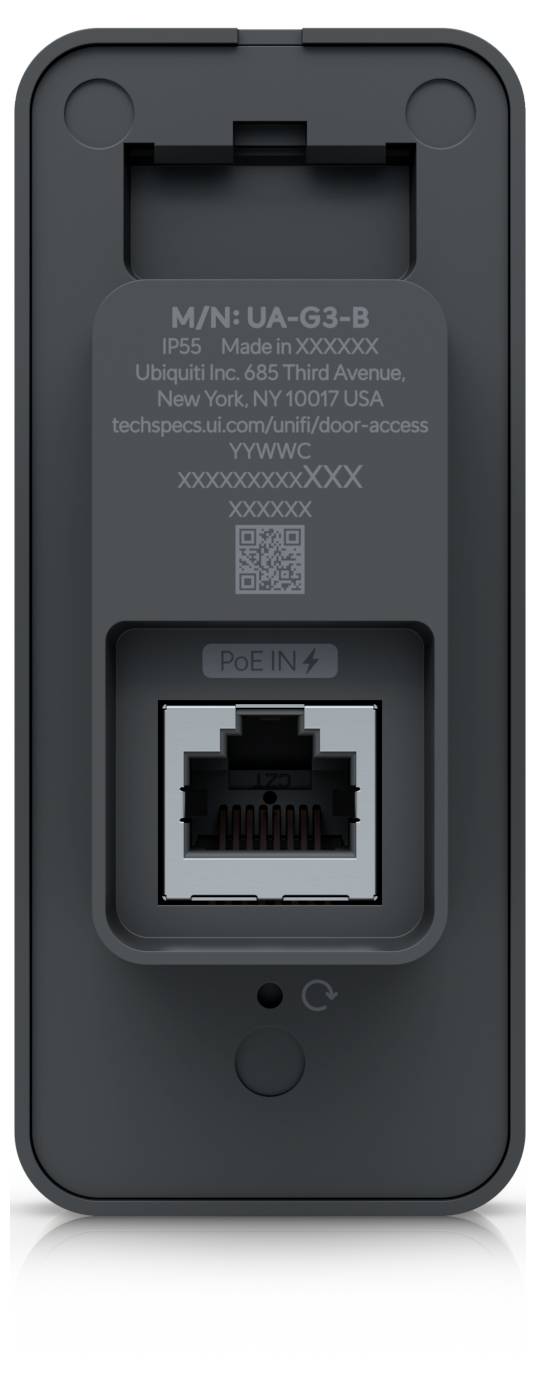 Rückansicht eines grauen Ubiquiti UniFi Access Points mit Montagebereich, Produktetikett, QR-Code und Ethernet-Anschluss mit der Beschriftung „PoE IN".