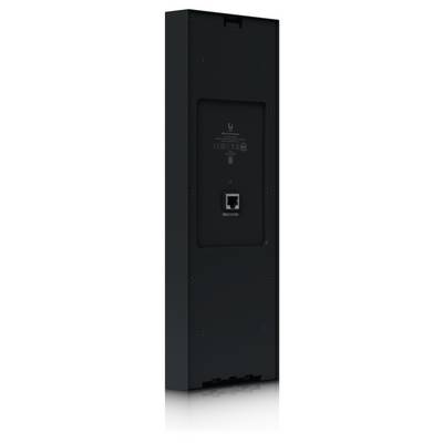 Rückansicht eines schwarzen, an der Wand montierten Ubiquiti-Netzwerkgeräts mit zentriertem Ethernet-Anschluss und Montageplatte.