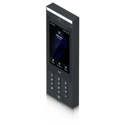 Schwarzes intelligentes Türzugriffsgerät mit Touchscreen, das "Willkommen" anzeigt, und einer numerischen Tastatur darunter zur Codeingabe.