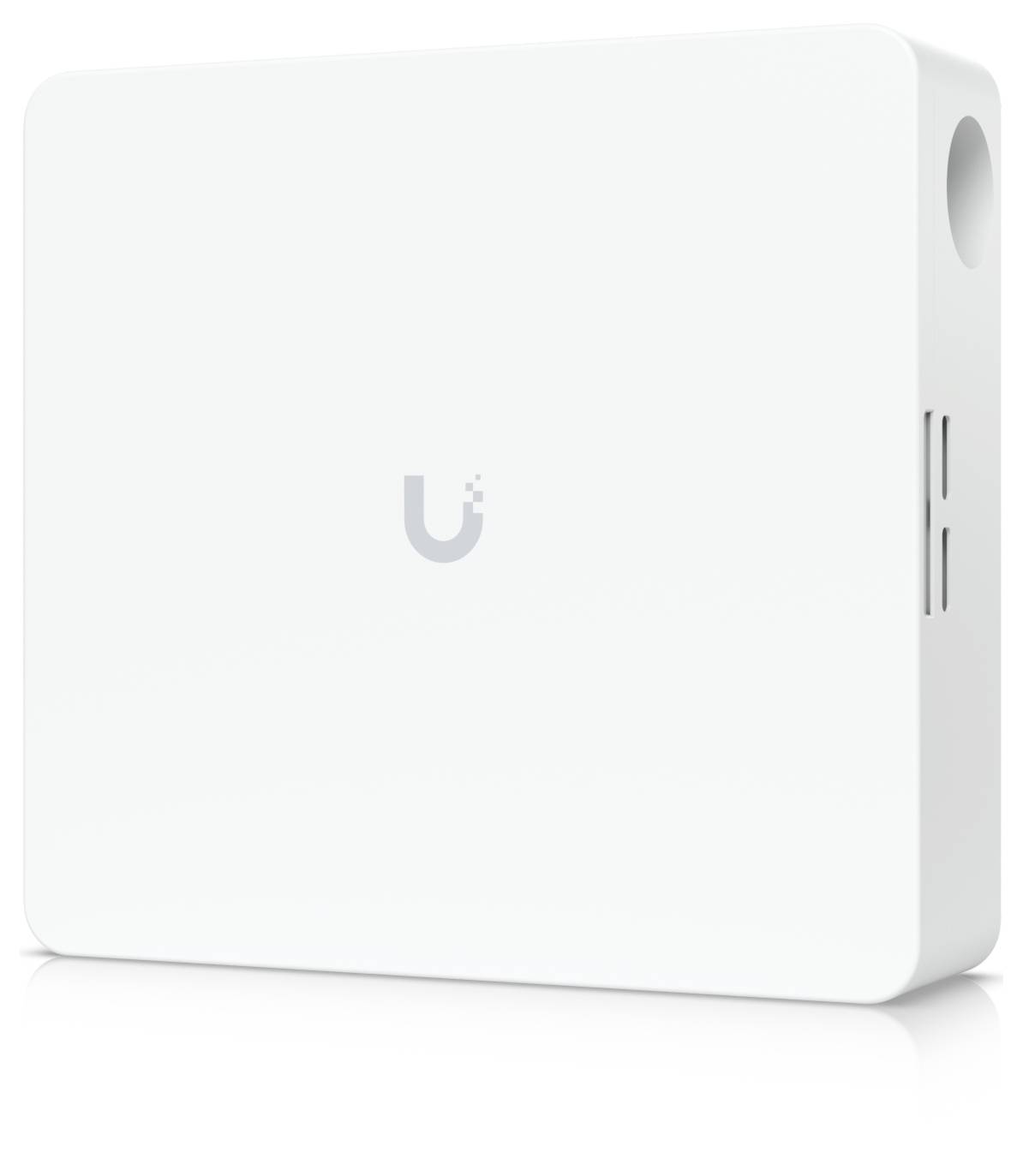 Weißes wandmontiertes Netzwerkgerät mit Ubiquiti-Logo, gezeigt in einer sauberen produktgestylten Ansicht.
