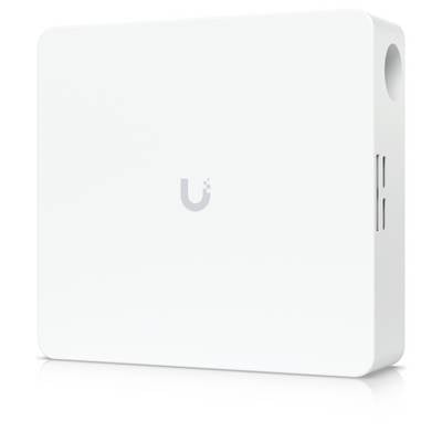 Weißes wandmontiertes Netzwerkgerät mit Ubiquiti-Logo, gezeigt in einer sauberen produktgestylten Ansicht.