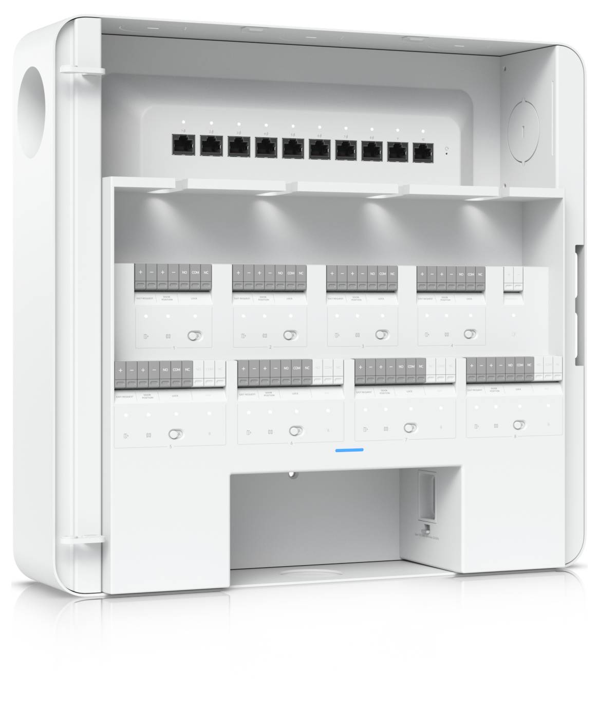 Weißes wandmontiertes Netzwerkgehäuse mit Ethernet-Anschlüssen und mehreren Stromkreisschaltern im Inneren.